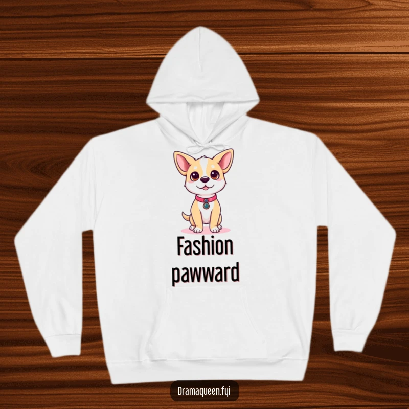 Funny dog hoodie with a cute dog character posing stylishly on a runway, exuding playful fashion and warmth.