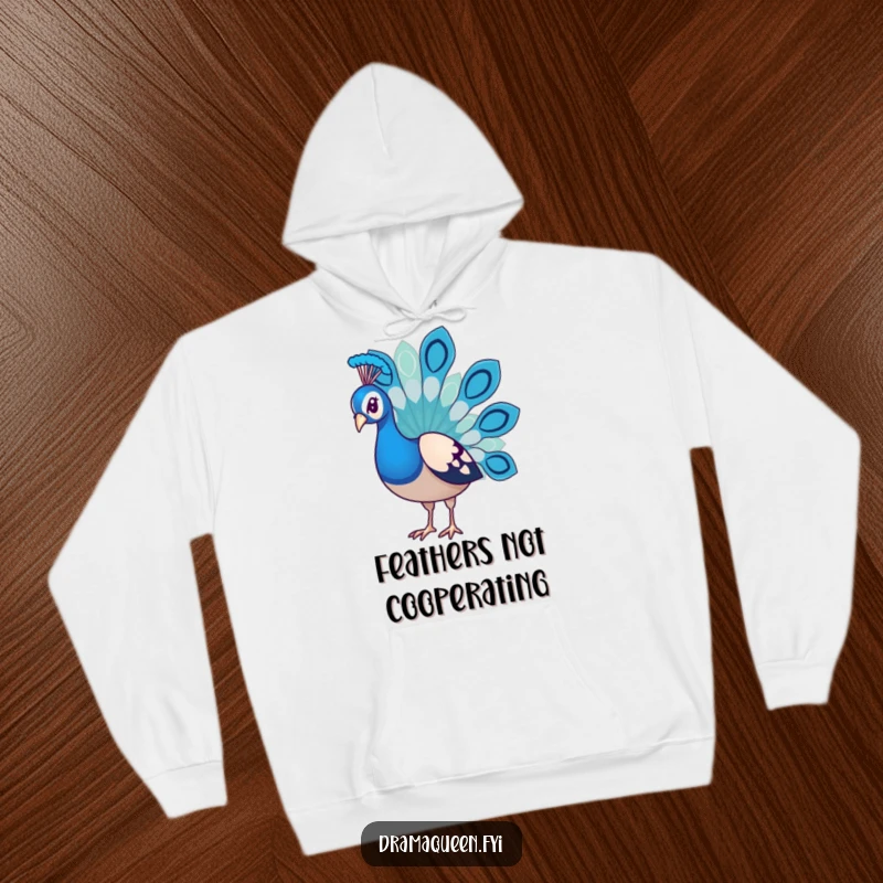 Funny Peacock Hoodie showcasing a dejected bird with droopy feathers, offering warmth and a comical, sad aesthetic.