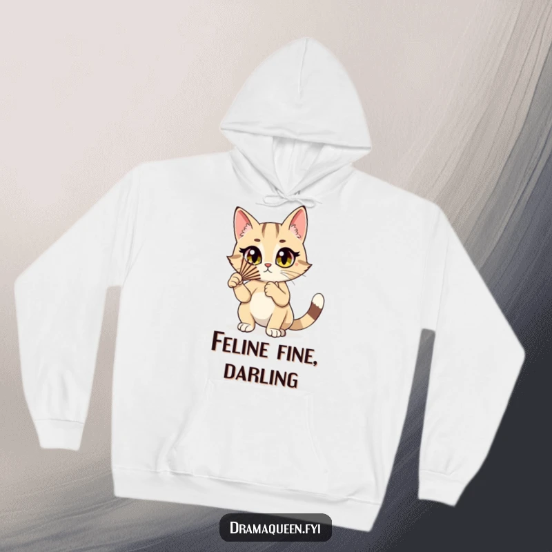 Funny cat hoodie showing a stylish cat character dramatically fluttering a fan, exuding dramatic flair and cozy humor.