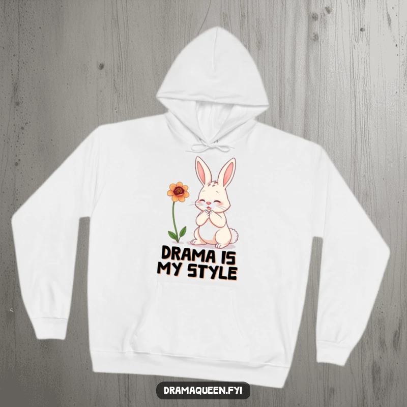 Funny bunny hoodie depicting a dramatic rabbit clutching its chest with exaggerated sorrow over a wilting flower, offering cozy comfort.