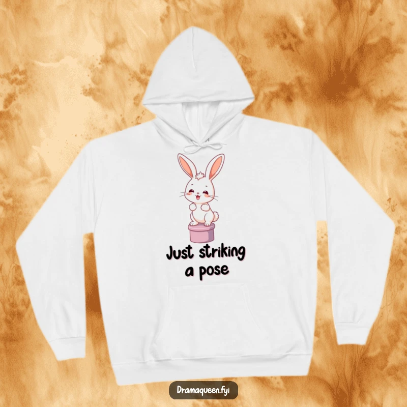 Funny bunny hoodie with a happy rabbit striking a pose on a pedestal. Comfortable and humorous, great for gifting.
