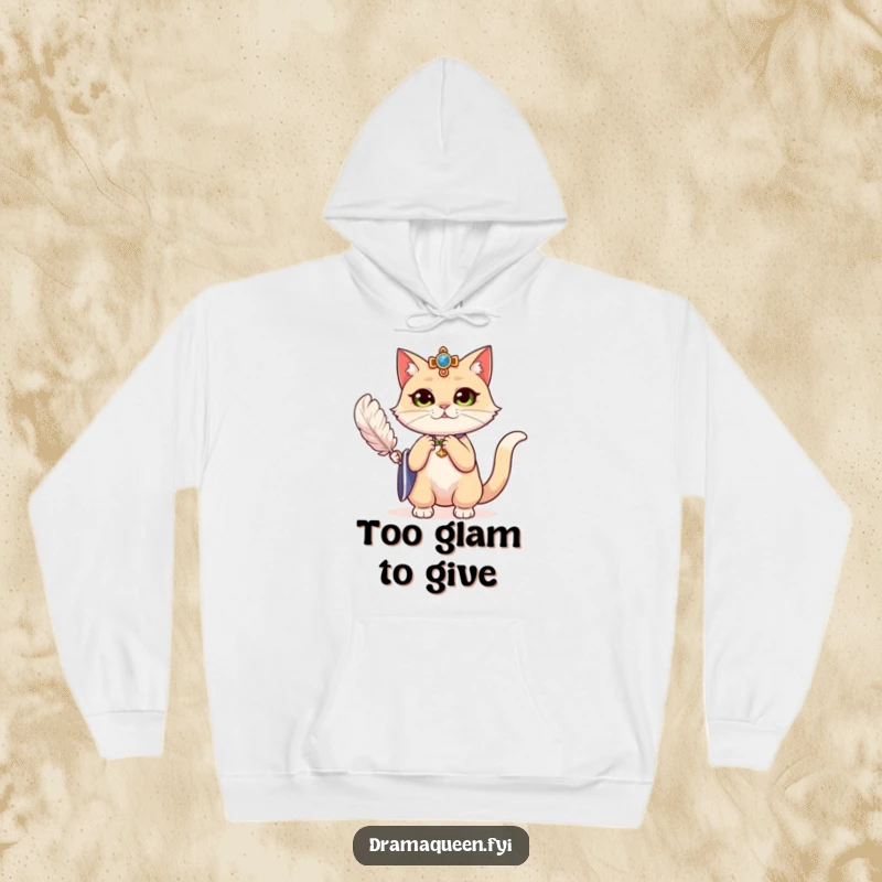 Funny regal cat dramatically fanning herself with a feather on a hoodie, offering cozy sass and regal humor.