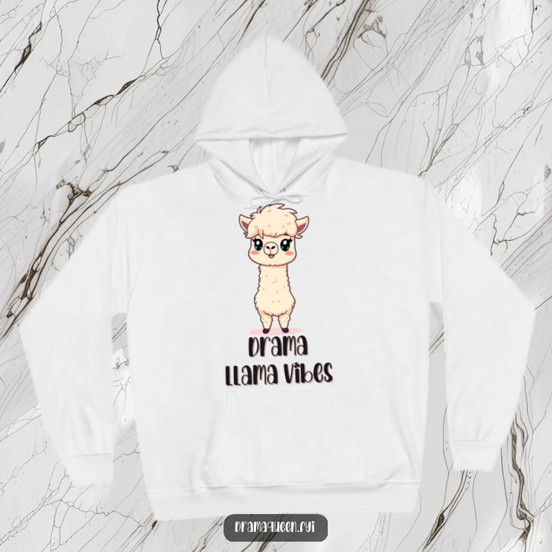 Funny alpaca hoodie, showcasing a dramatic pose with a spectacularly fluffy mane, perfect for chilly days.
