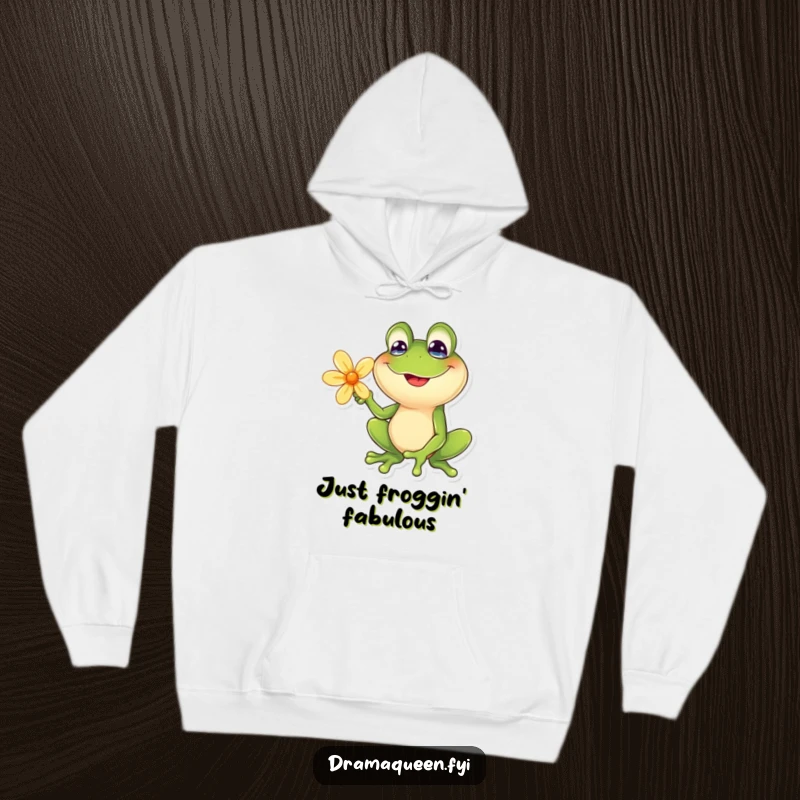 Funny frog hoodie with a goofy smile posing dramatically with a flower. Comfortable and humorous, great for gifting.