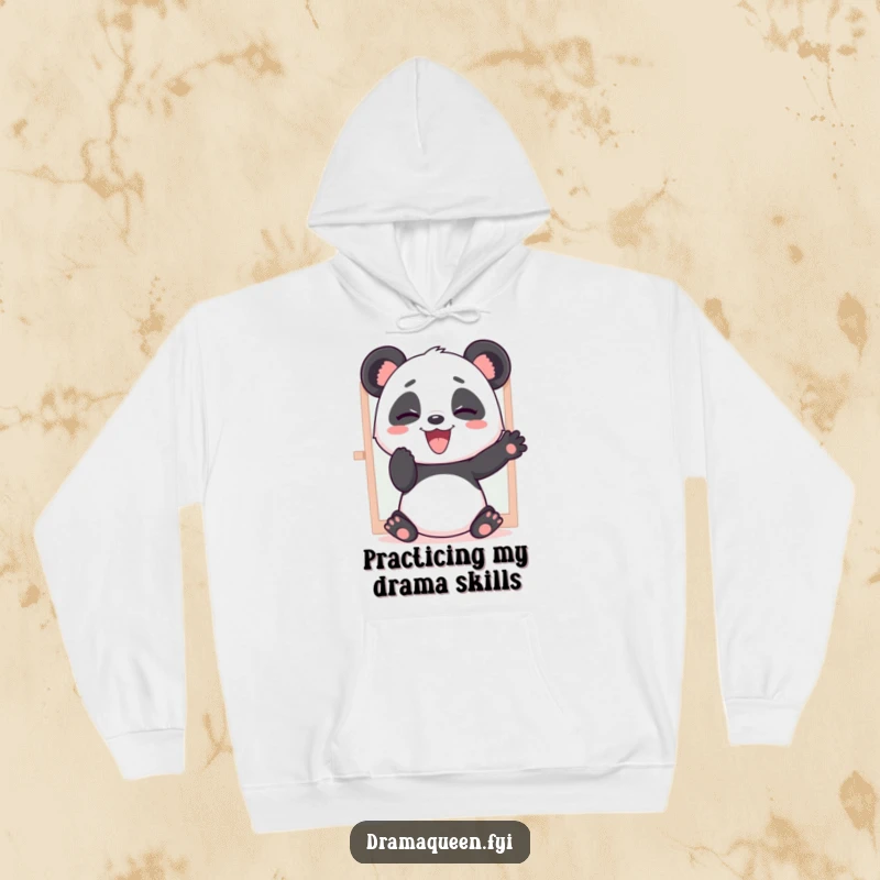 Funny hoodie showcasing a giggling panda engrossed in practicing dramatic poses before a mirror, radiating pure comedic joy.