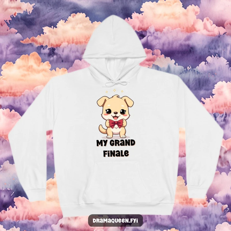 Funny Hoodie featuring a gleeful dog character performing a theatrical bow, offering cozy wear and a humorous, dramatic design.