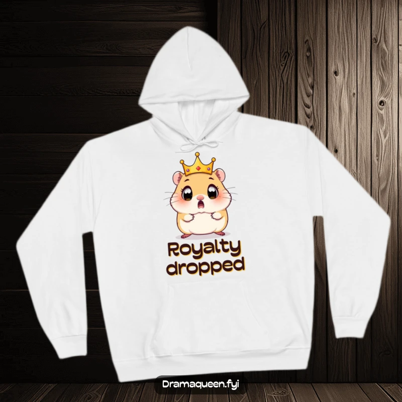 Funny Hamster Hoodie: A wide-eyed hamster looks surprised as its tiny crown hilariously tumbles off its head.