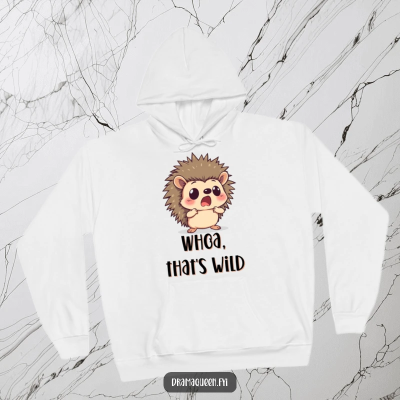 Funny hedgehog hoodie featuring a curious character with a shocked face in a dramatic pose, offering warmth and humorous surprise.