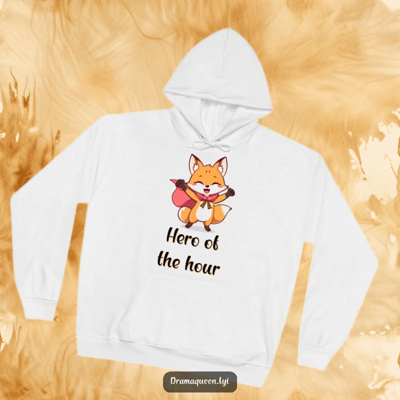 Funny hoodie with a triumphant fox striking a pose, its superhero cape flowing dramatically, offering warmth and humor.