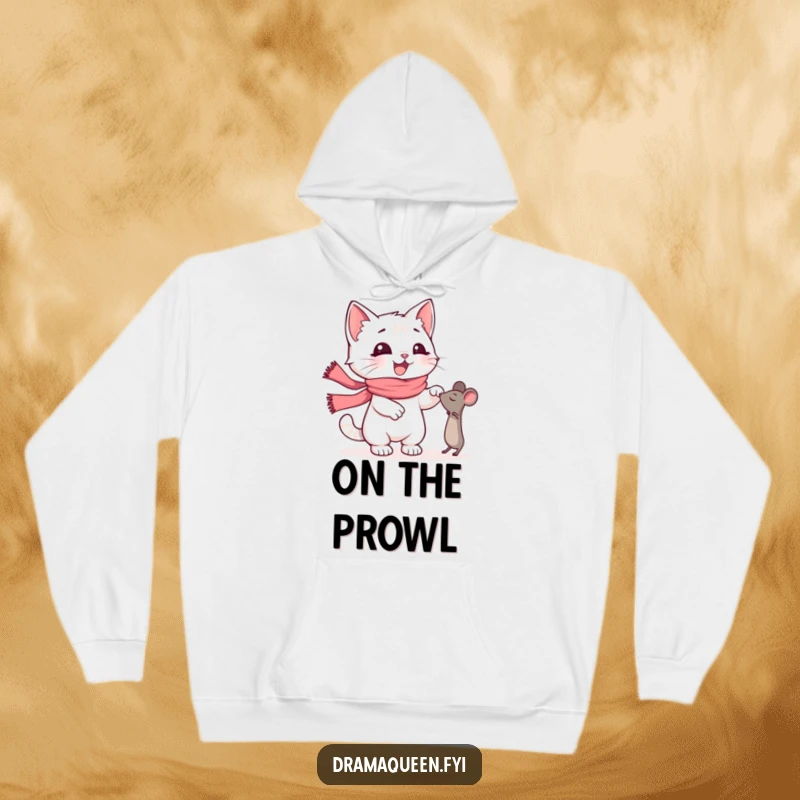Funny Kitten Hoodie: Happy kitten with a pink scarf in a dramatic pose, reaching for a toy mouse, a cozy funny gift.