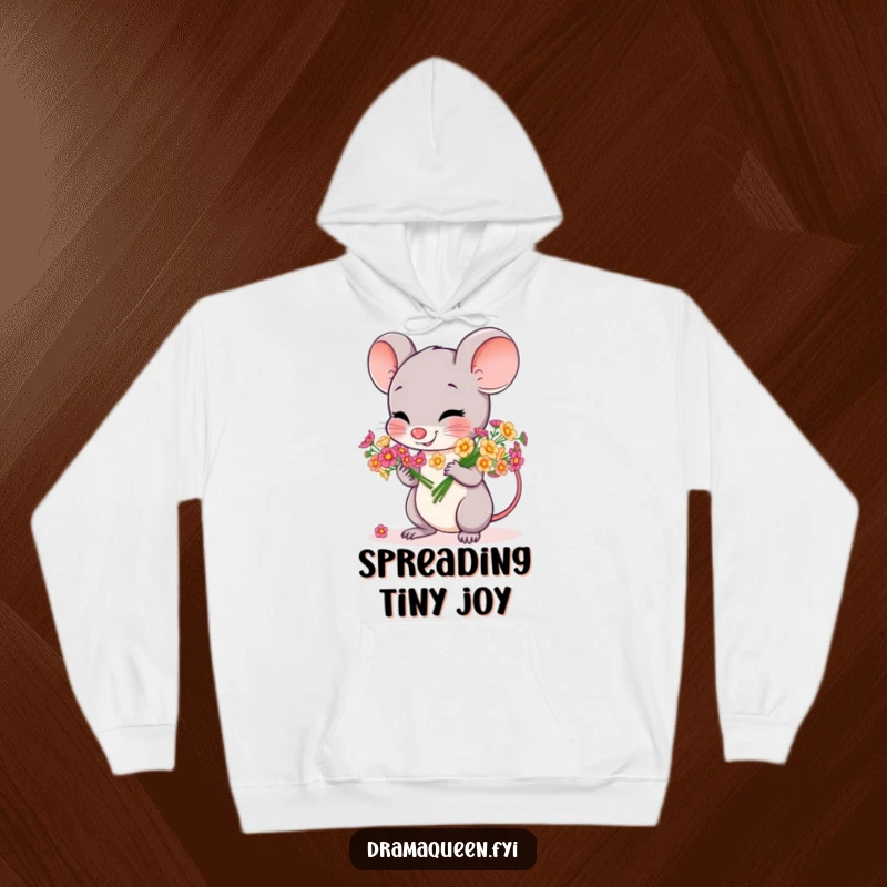 Funny hoodie featuring a cheerful mouse character bowing gracefully with a bouquet of tiny, colorful flowers, radiating warmth.