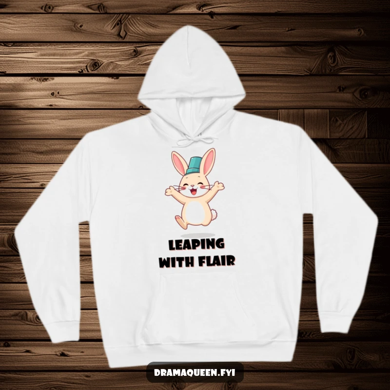 Funny hoodie featuring a happy rabbit in a fancy hat leaping with excitement, ideal for cozy and cheerful wear.