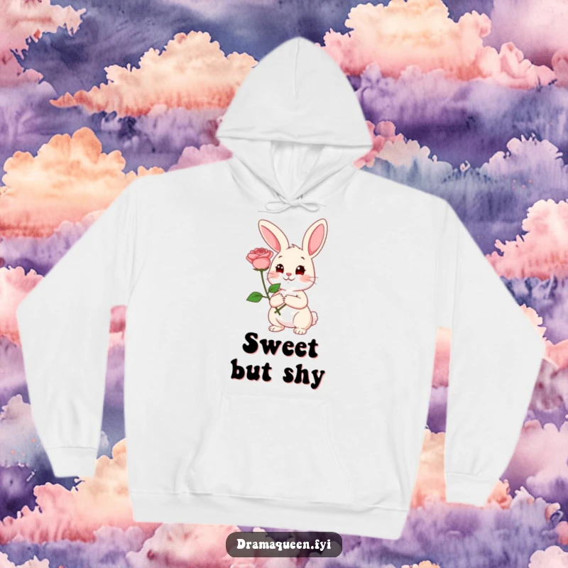 Funny Rabbit Hoodie: Cheerful rabbit holding a big rose with a coy expression, perfect for cozy and romantic funny gift.