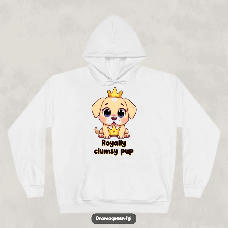 Funny surprised puppy hoodie showing a puppy dropping a tiny crown with wide, expressive, surprised eyes, soft and warm.