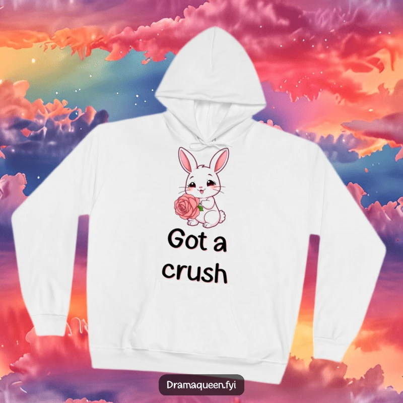 Funny rabbit hoodie featuring a cute, coy bunny holding a large rose, perfect for cozy, romantic vibes.
