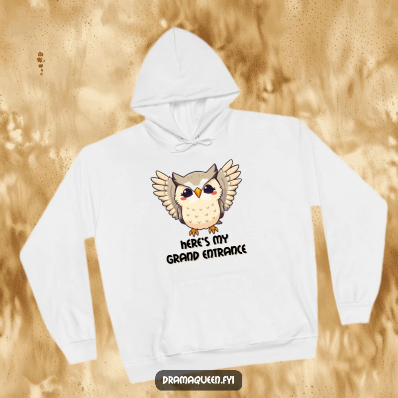 Funny hoodie featuring a dramatic owl hooting with grand flair and extended wings, perfect for cozying up with a touch of theatricality.