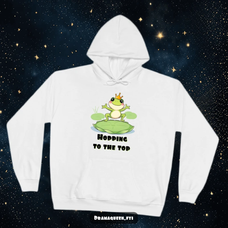 Funny frog king hoodie, smiling frog wearing a crown leaping onto a giant lily pad. Cozy and regal apparel. Great.