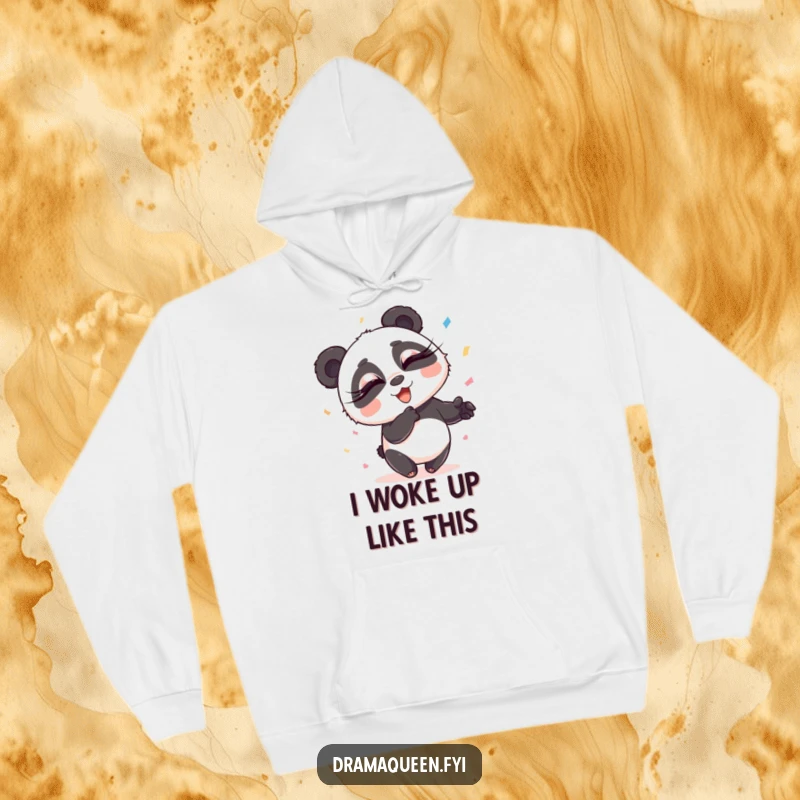 Funny Panda Hoodie: Playful panda with stunning long eyelashes throwing confetti with wild, exaggerated flair, ideal funny gift.