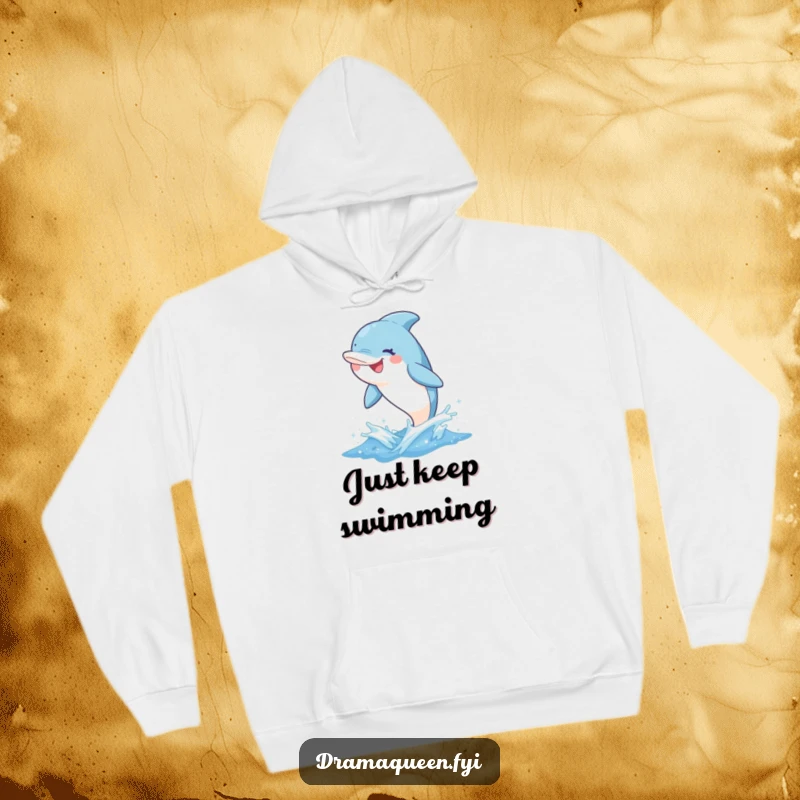 Funny dolphin hoodie showcasing a delighted character mid-leap from a sparkly wave, offering cozy comfort and a whimsical grin.