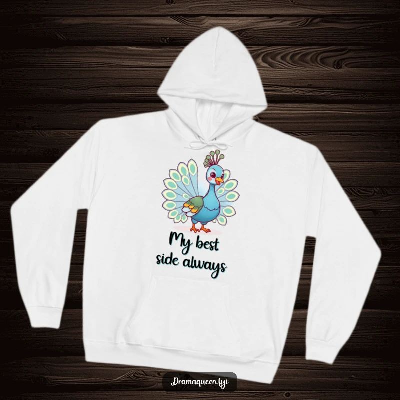 Funny hoodie featuring a regal peacock fanning its tail feathers with a cheerful grin, offering warmth and humorous elegance.