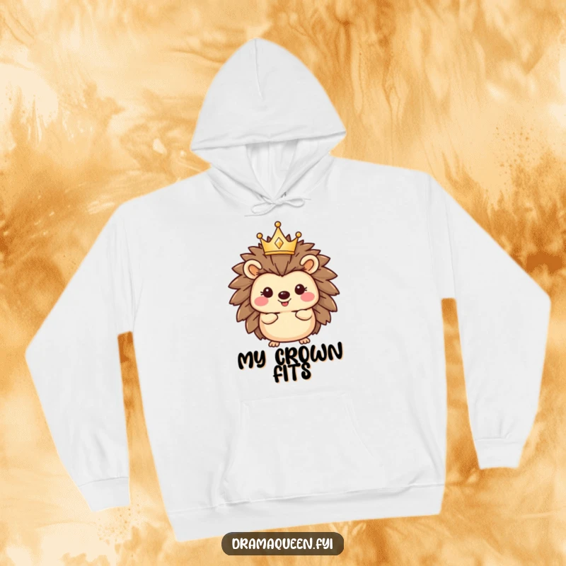 Funny hedgehog hoodie showing a happy character with a tiny, sparkling crown, offering warmth and a touch of regal, humorous style.
