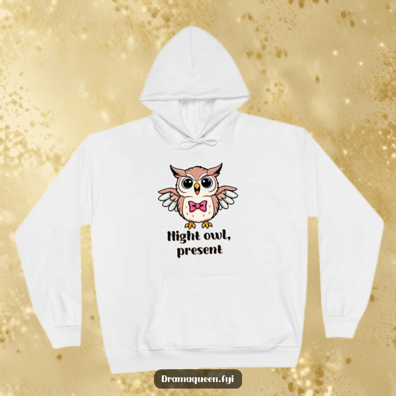 Funny hoodie featuring a triumphant owl in a bowtie, spreading its wings and hooting loudly, offering cozy wisdom.