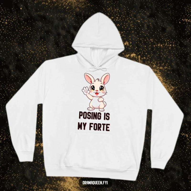 Funny hoodie featuring a cute bunny character with expressive eyes, dramatically posing with a paw held high in a humorous, attention-grabbing manner.