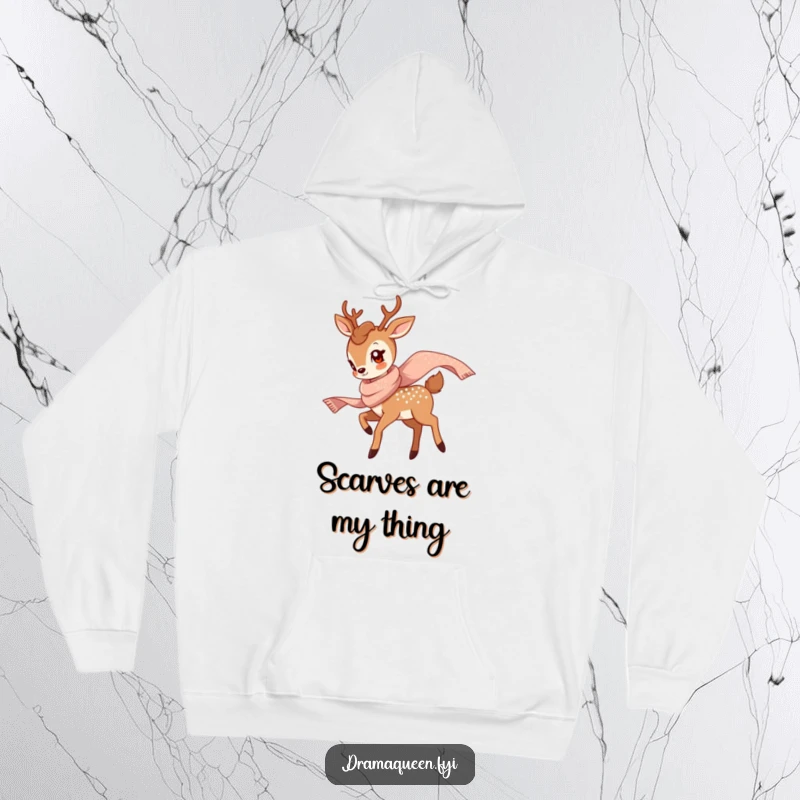 Funny Deer Twirl Hoodie featuring a graceful deer twirling with a shimmering scarf, offering cozy comfort and elegant humor.