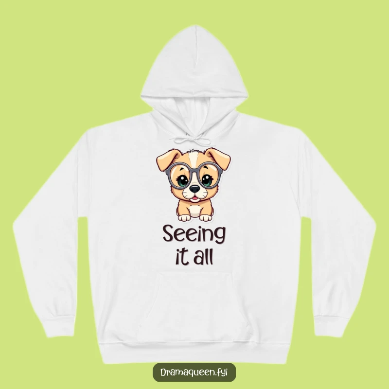 Funny Puppy Opera Glasses Hoodie: Curious Character Sweatshirt, Amazed View Gift
