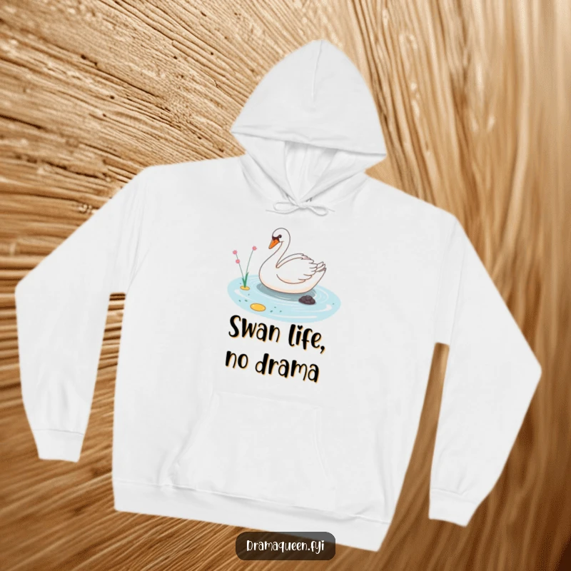 Funny hoodie featuring a sassy swan gliding elegantly across a tiny pond, showcasing humorous confidence and style.
