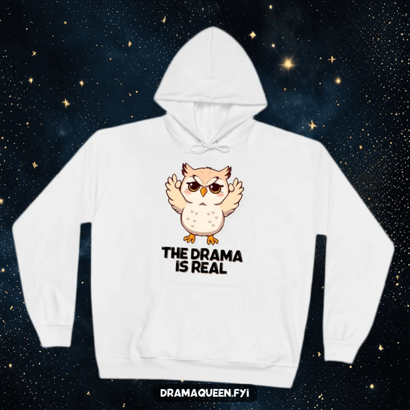 Funny Owl Hoodie depicting a dramatic character with hands up in mock despair, offering cozy comfort and humorous expression.
