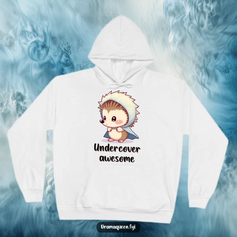 Funny Shy Hedgehog Cape Hoodie: A warm hoodie with a shy hedgehog peeking from under a sparkly cape, a cozy mystery.