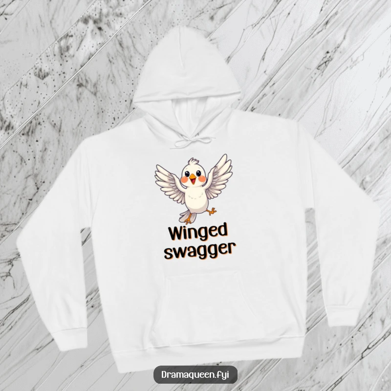 Funny Bird Pose Hoodie: A cheerful bird dramatically striking a pose mid-flight, wings spread, offering cozy inspiration.