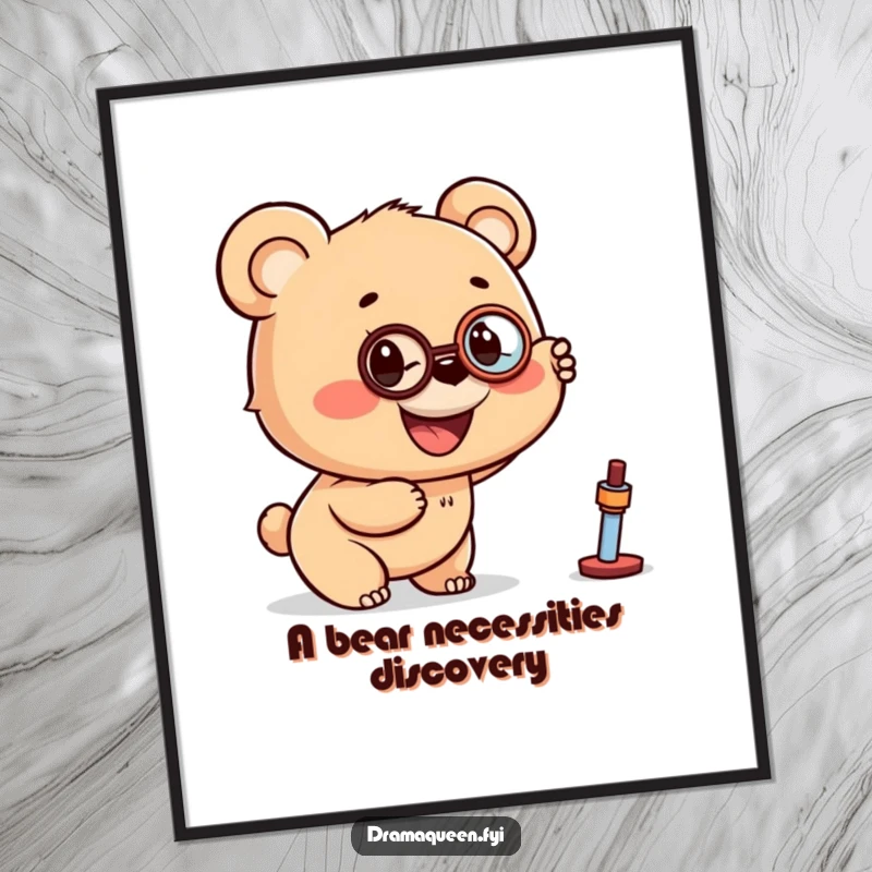 Funny Free Printable Wall Art: A smiling bear cub wearing a monocle points excitedly at a mysterious distant object.