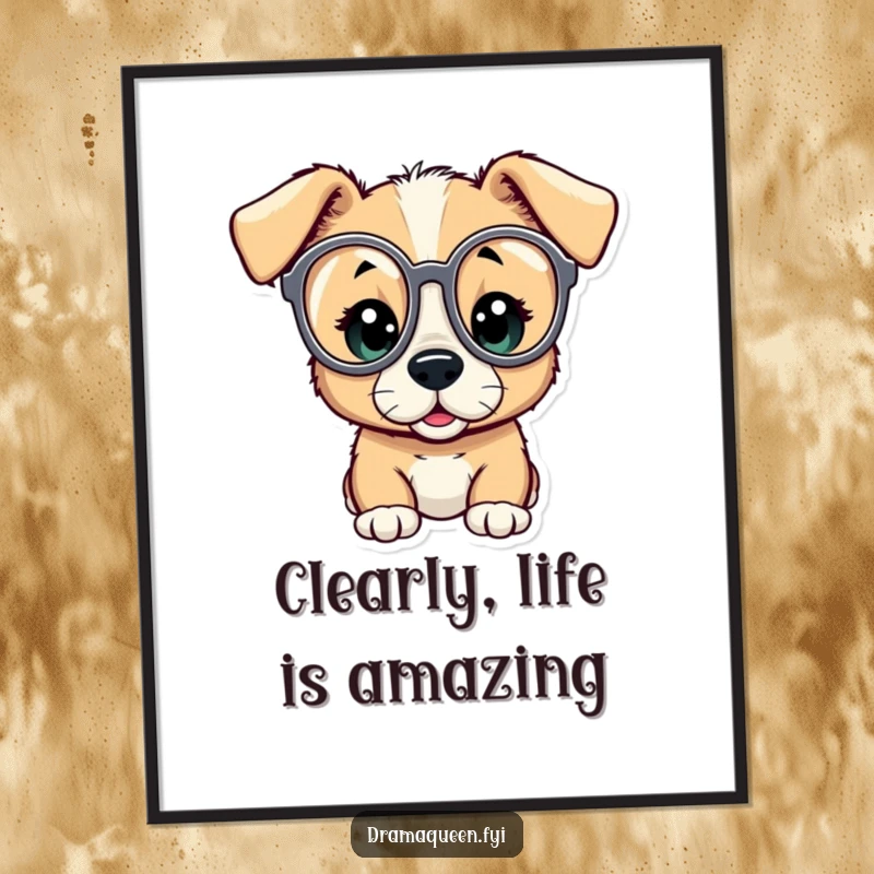 Funny Free Printable Puppy Opera Glasses Art: A curious puppy peeking through oversized opera glasses, looking utterly amazed. Quirky downloadable art.