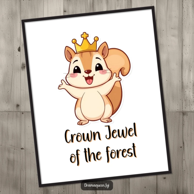 Funny Free Printable Wall Art: A cheerful squirrel wearing a tiny crown gestures grandly, adding royal humor to your home.