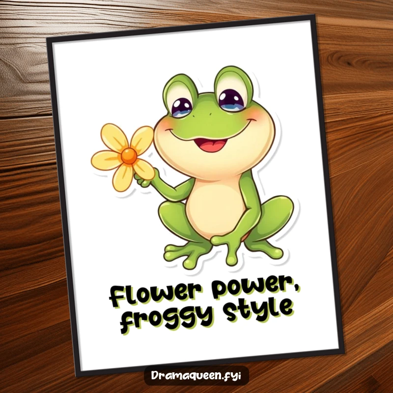 Funny Free Printable Wall Art: A joyful frog with a goofy smile dramatically posing with a colorful flower, radiating happiness.