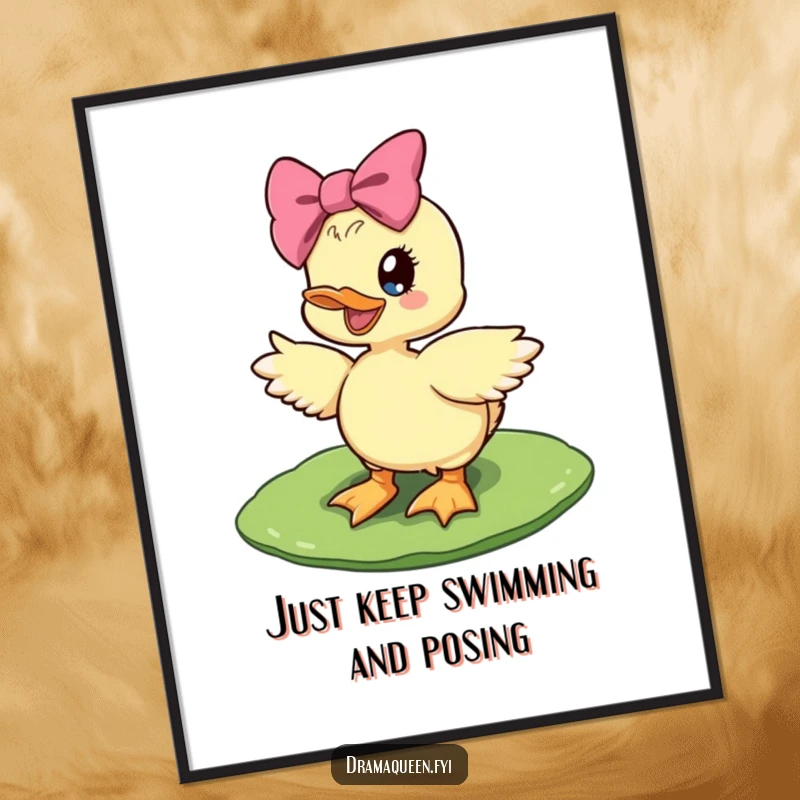 Funny Free Printable Wall Art: Diva duckling with giant bow, striking a fabulous pose on a lily pad.