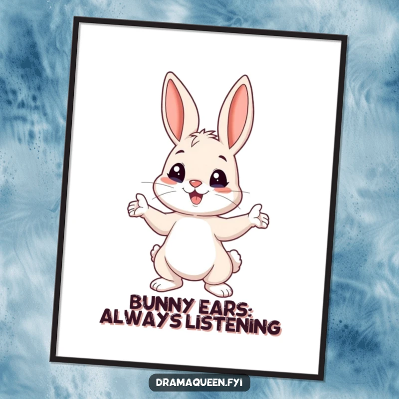 Funny free printable wall art of a playful bunny striking a dramatic pose with ears perked high, exuding cheerfulness.