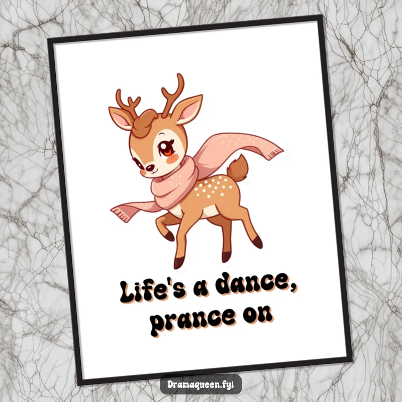 Funny free printable wall art: A graceful deer with a gentle smile twirls elegantly, its shimmering scarf flowing like a dance.
