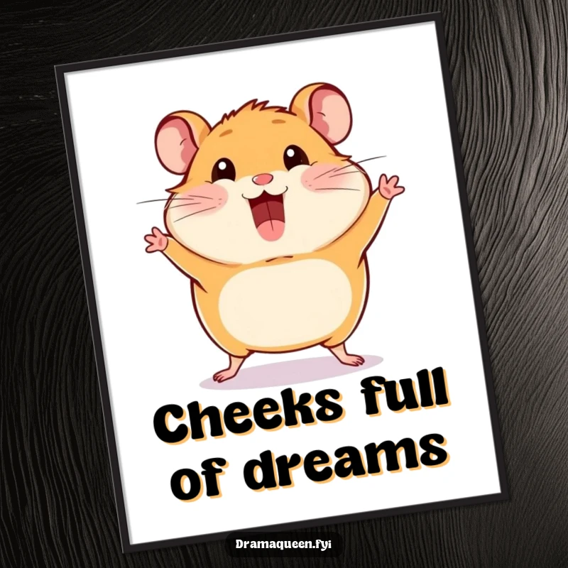Funny free printable wall art of a happy hamster striking a dramatic pose with comically puffed-out cheeks, full of personality.