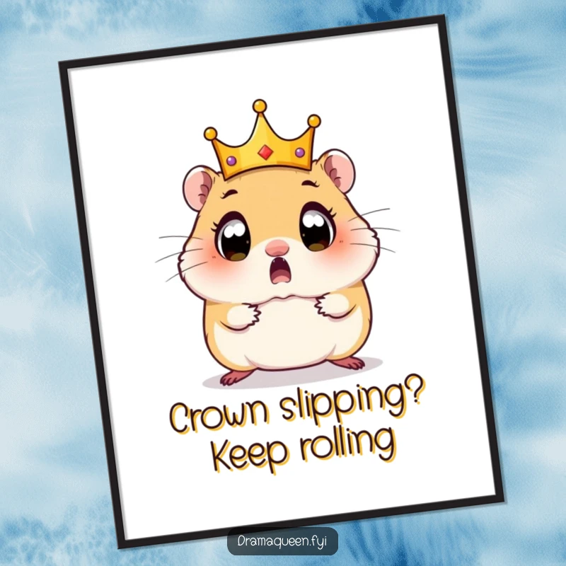 Funny Free Printable Wall Art: A surprised hamster with wide eyes as its tiny crown precariously tumbles off, a hilariously regal moment.