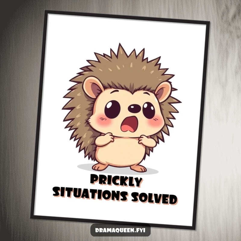 Funny free printable hedgehog wall art, a hedgehog in a dramatic pose with a shocked face, looking surprised.