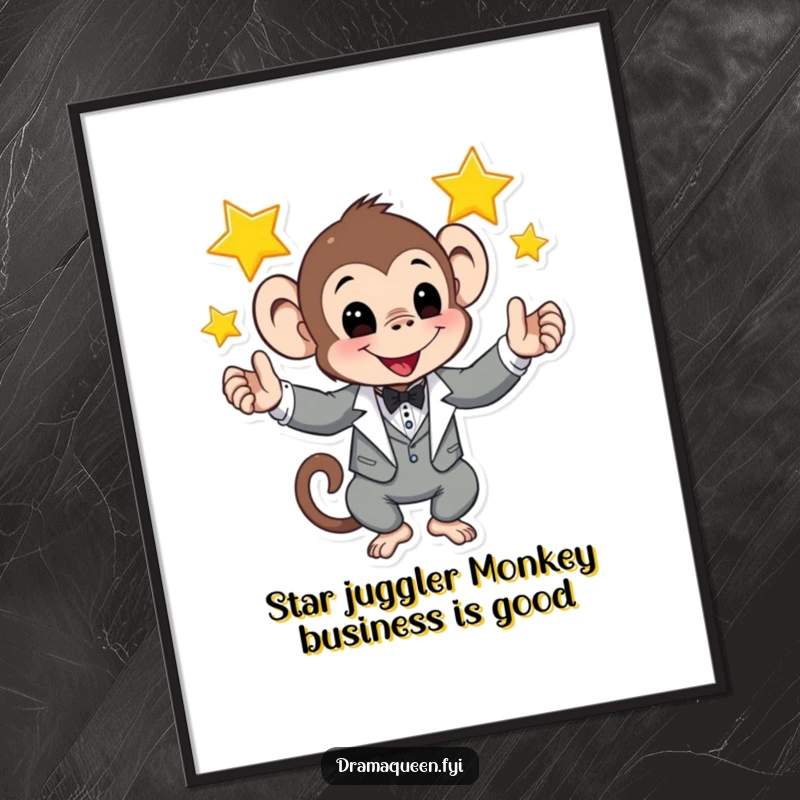 Funny Free Printable Wall Art: A playful monkey dressed in a tuxedo juggles three shining stars.