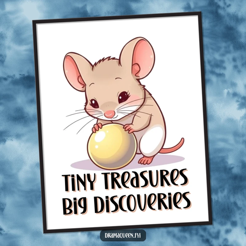 Funny Free Printable Wall Art: Timid mouse cautiously inspecting a shiny object with a suspicious expression, downloadable art.