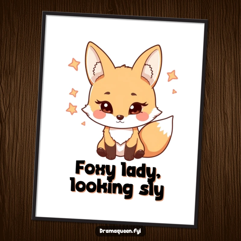 Funny Free Printable Wall Art: A sophisticated, coy fox character batting its eyelashes, looking charming and playful.