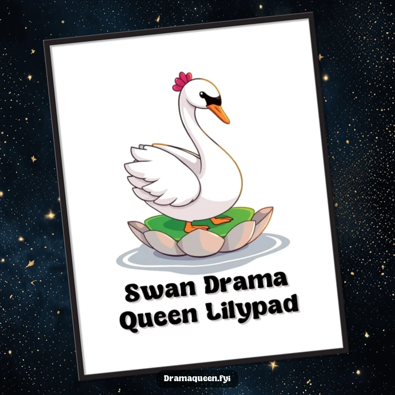 Funny Free Printable Wall Art: A glamorous swan strikes a dramatic pose on a small lily pad, embodying chic sophistication.