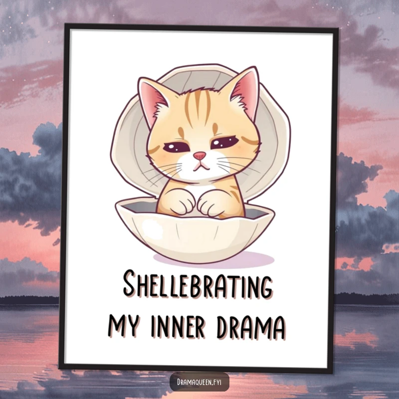 Funny Free Printable Wall Art: A cat dramatically practicing a sad face in a polished seashell, capturing feline angst.