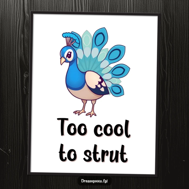 Funny Free Printable Wall Art: A sad peacock with droopy feathers striking a dramatic, fashionable pose in vintage style.