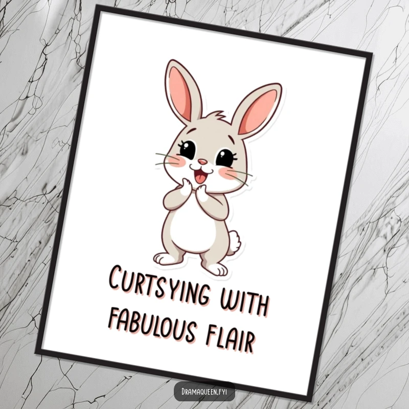 Funny Free Printable Wall Art: A cheerful bunny performs a dramatic curtsey with a flourished bow, adding whimsical charm.
